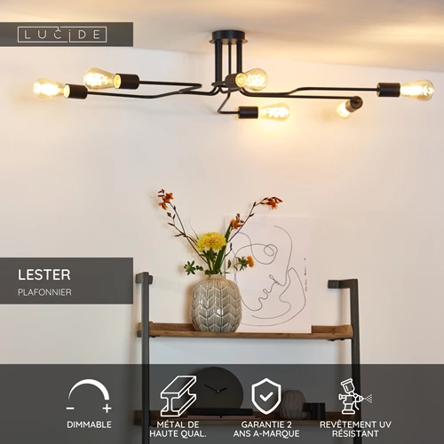 Lucide LESTER - Plafonnier - 6xE27 - Noir - USP